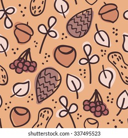 Autumn nut, cone, acorn and leaf background. Seamless vector pattern.