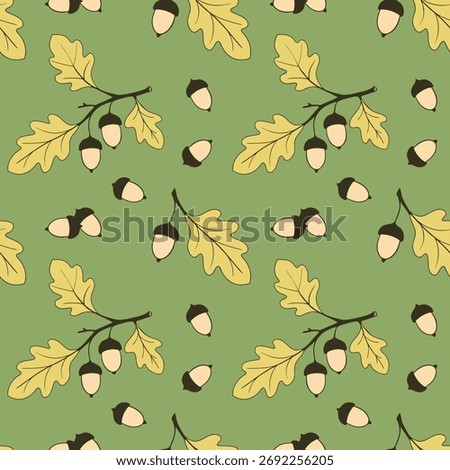 Autumn oak acorns, green pattern with oak branches and acorn nuts. 