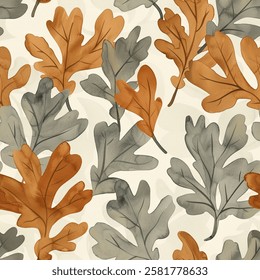 Autumn Oak Eucalyptus Leaf Foliage Watercolor Abstract Scandinavian Design Seamless Pattern Wallpaper Curtain Bedding Background Upholstery Gift Wrapping Paper Vector