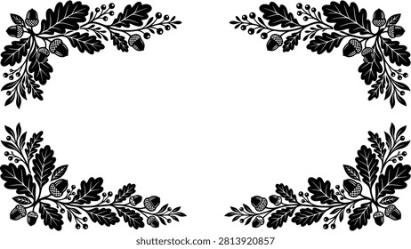 Autumn oak leaf corner frames. Decorative fall foliage borders with acorns and berries.