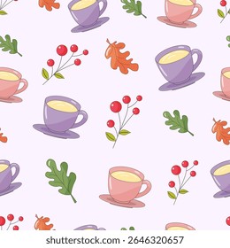 Autumn. oak leaf, viburnum berry, coffee or tea cup mug. hand drawn.