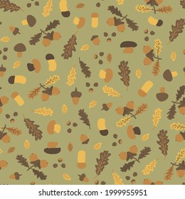 Autumn oak leaves, acorn, birch aspen mushrooms, nuts, chestnuts seamless pattern. Vector illustration of hand drawn forest nature objects, flat style