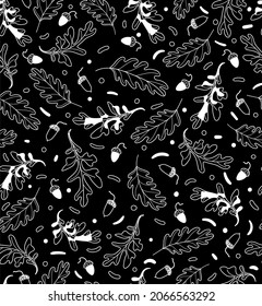 Autumn oak leaves and acorn seamless pattern in white and black. Vector autumn background. Fall decor.
