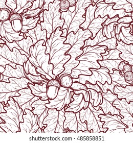 Autumn oak leaves and acorns. Detailed intricate hand drawing. Chaotic distribution of elements. Linear sketch. Seamless pattern. EPS10 vector illustration.