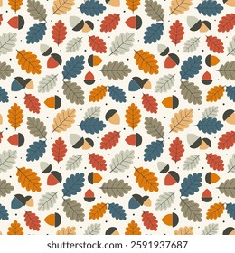 Autumn oak leaves and acorns pattern. Falling leaf modern geometric seamless background. Cozy fall forest print for textile or wrapping paper.