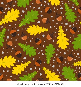 Autumn oak leaves and acorns seamless pattern. Flat vector illustration.