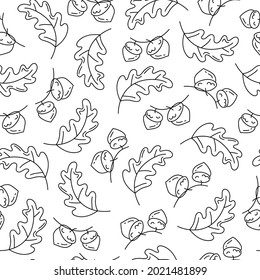 Autumn oak leaves with acorns seamless pattern in doodle linear style on white background. Vector stock illustration