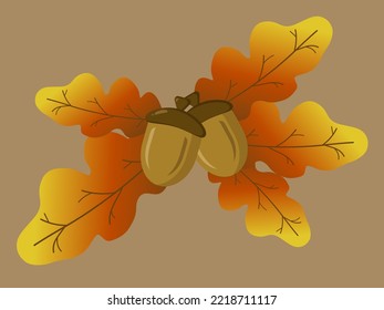 Autumn oak leaves with acorns vector icon, cartoon fallen leaves, brown dry tree leaf, design element, isolated natural object. Elements of autumn theme, coziness and atmosphere.