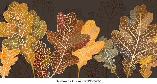 Autumn oak leaves line art background. luxury golden pattern wallpaper with brown and orange colors. 