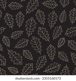 Autumn oak leaves pattern. Falling leaf seamless background in line art style. Autumn mood forest print for textile or wrapping paper.