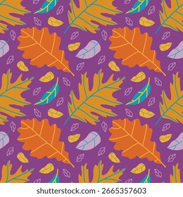Padrão de folhas de carvalho de outono nas cores laranja e amarelo. Fundo roxo escuro cria um contraste. Para têxteis, cartões postais, embalagens, convites e banners