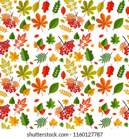Autumn oak leaves seamless pattern nature vector illustration. Season textile wallpaper Orange, Beige, Brown and Yellow. Perfect for gift paper, pattern fills, background, autumn greeting cards.