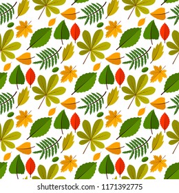 Autumn oak leaves seamless pattern nature vector illustration. Season textile wallpaper Orange, Beige, Brown and Yellow. Perfect for gift paper, pattern fills, background, autumn greeting cards.