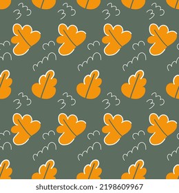 Autumn oak leaves seamless pattern vector illustration. Falling orange leaves with black and white outline and white scribble.Childish doodle flat simple design