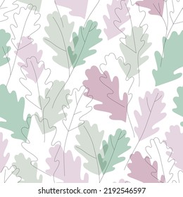Autumn oak leaves silhouettes and continuous line art wallpaper. Botanical background design with elegant leaves, floral outline. Vector seamless pattern for wall decoration, print, fall wallpaper