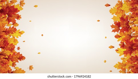 Autumn oak and maple red, orange, yellow leaves vertical frame. Space for text. Vector illustration.