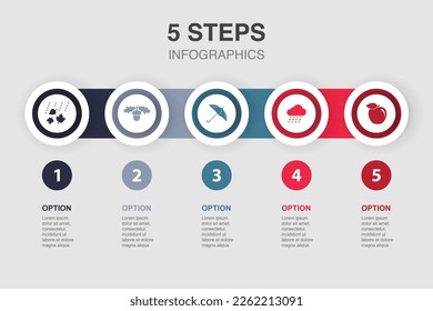 Otoño, tuerca de roble, paraguas, lluvia, manzana, iconos Plantilla de diseño de diseño infográfico. Concepto de presentación creativa con 5 pasos