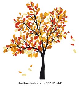 Autumn Oak Tree With Falling Leaves on White Background. Elegant Design with Text Space and Ideal Balanced Colors. Vector Illustration.