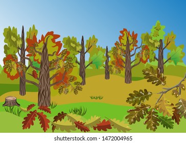 Autumn Oak Tree Grove landscape with beatiful colorful oak leaves folliage and outstanding landscape view. Good for cartoon props, seasonal decoration, posters and backgrounds