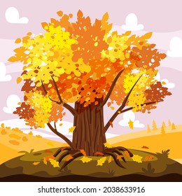 Autumn Oak tree landscape, city park. Fall, trees in yellow orange foliage, panorama, horizon. Vector background illustration, poster
