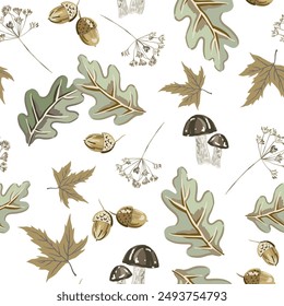 Autumn oak tree leaves, acorns, mushrooms, maple leaves, white background. Vector seamless pattern. Fall season illustration. Forest nature design