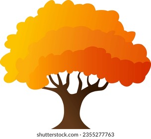 Autumn oak tree vector illustration. Fall season oak tree design with bush and grass. Autumn graphic resource for icon, sign, symbol or decoration. Fall season tree for forest, plant or environment