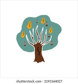 Autumn Oak-tree With Leaves, Acorn Doodle Isolated Vector Illustration 