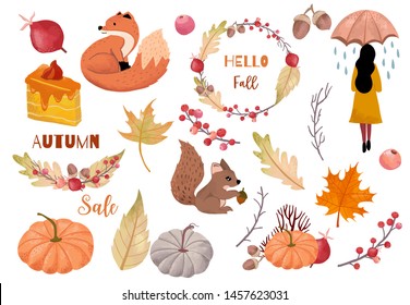 Autumn object collection with dry tree,squirrel,acorn,leaves,woman.Illustration for sticker,postcard,invitation,element website.Included hello fall and autumn sale wording