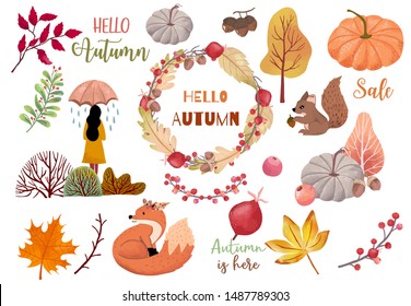 Autumn object collection with dry tree,squirrel,acorn,leaves,woman.Illustration for sticker,postcard,invitation,element website.Included hello fall and autumn sale wording