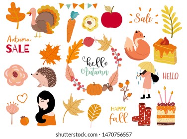 Autumn object collection with pumpkin,fox,turkey,acorn,leaves.Illustration for sticker,postcard,invitation,element website.Included autumn sale and happy fall wording