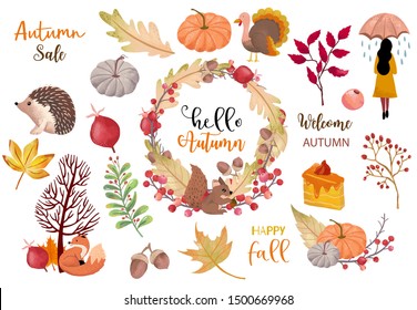 Autumn object collection with pumpkin,hedgehog,woman.Illustration for sticker,postcard,invitation,element website.Included hello autumn and happy fall wording