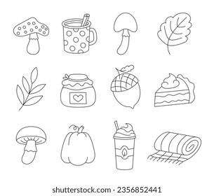 Autumn object mushroom cup of coffee leaf acorn jar cake pumpkin plaid. Coloring Page. Season time of year. Vector drawing. Collection of design elements.