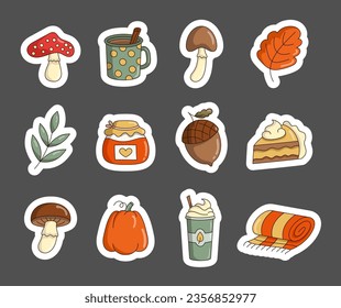 Autumn object mushroom cup of coffee leaf acorn jar  cake pumpkin plaid. Sticker Bookmark. Season time of year. Vector drawing. Collection of design elements.