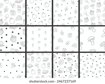 Autumn object mushroom cup of coffee leaf acorn jar cake pumpkin plaid. Seamless pattern. Coloring Page. Season time of year. Vector drawing. Collection of design ornaments.