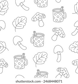 Autumn object mushroom cup of coffee leaf acorn jar cake pumpkin plaid. Seamless pattern. Coloring Page. Season time of year. Vector drawing. Design ornaments.