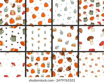 Autumn object mushroom cup of coffee leaf acorn jar cake pumpkin plaid. Seamless pattern. Season time of year. Vector drawing. Collection of design ornaments.