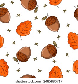Autumn object mushroom cup of coffee leaf acorn jar cake pumpkin plaid. Seamless pattern. Season time of year. Vector drawing. Design ornaments.