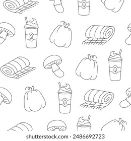 Autumn object mushroom cup of coffee leaf acorn jar cake pumpkin plaid. Seamless pattern. Coloring Page. Season time of year. Vector drawing. Design ornaments.