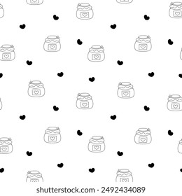 Autumn object mushroom cup of coffee leaf acorn jar cake pumpkin plaid. Seamless pattern. Coloring Page. Season time of year. Vector drawing. Design ornaments.