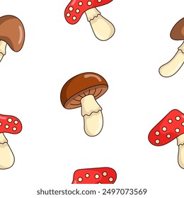 Autumn object mushroom cup of coffee leaf acorn jar cake pumpkin plaid. Seamless pattern. Season time of year. Vector drawing. Design ornaments.