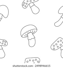 Autumn object mushroom cup of coffee leaf acorn jar cake pumpkin plaid. Seamless pattern. Coloring Page. Season time of year. Vector drawing. Design ornaments.