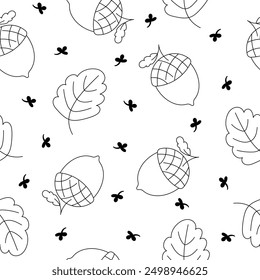 Autumn object mushroom cup of coffee leaf acorn jar cake pumpkin plaid. Seamless pattern. Coloring Page. Season time of year. Vector drawing. Design ornaments.