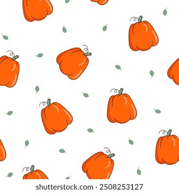 Autumn object mushroom cup of coffee leaf acorn jar cake pumpkin plaid. Seamless pattern. Season time of year. Vector drawing. Design ornaments.