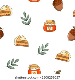 Autumn object mushroom cup of coffee leaf acorn jar cake pumpkin plaid. Seamless pattern. Season time of year. Vector drawing. Design ornaments.