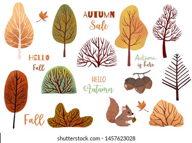 Autumn object set with dry tree,squirrel,acorn,leaves.Illustration for sticker,postcard,invitation,element website.Included hello autumn and autumn sale wording