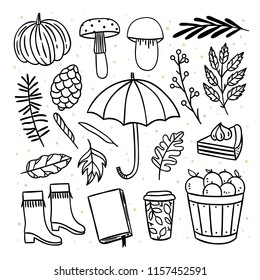 Autumn objects and elements hand drawn illustrations set. Cute fall doodle graphics, umbrella, pumpkin, autumn leaves