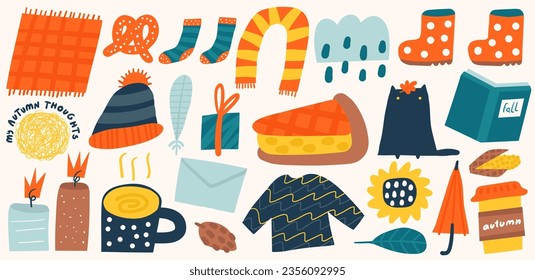 Autumn objects set. Cute hand drawn doodle fall icons with socks, scarf, pie, cat, book, sweater, tea, rubber boots, rainy cloud, hat, gift, umbrella, corn, leaf, envelope, candle, plaid, pretzel.