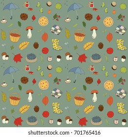 autumn objects set hand drawn vector doodle illustration seamless pattern