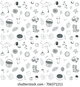 autumn objects set hand drawn vector doodle illustration seamless pattern