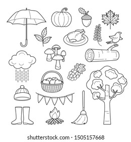 Autumn Objects Set, Outline, Nature, Season, Weather, Symbol, Kids, Activity 
